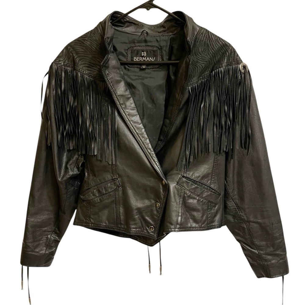 Vintage Bermans Black Leather Fringe Jacket Zebra Western Concho Lace Up M